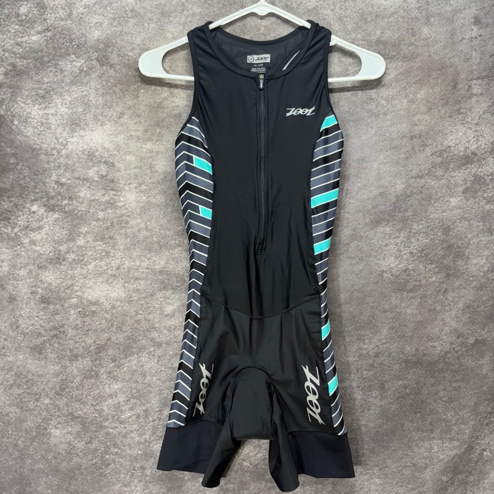 Zoot Womens XS Triathlon Suit Race Black Teal Geometric Padded Front Zip Trisuit